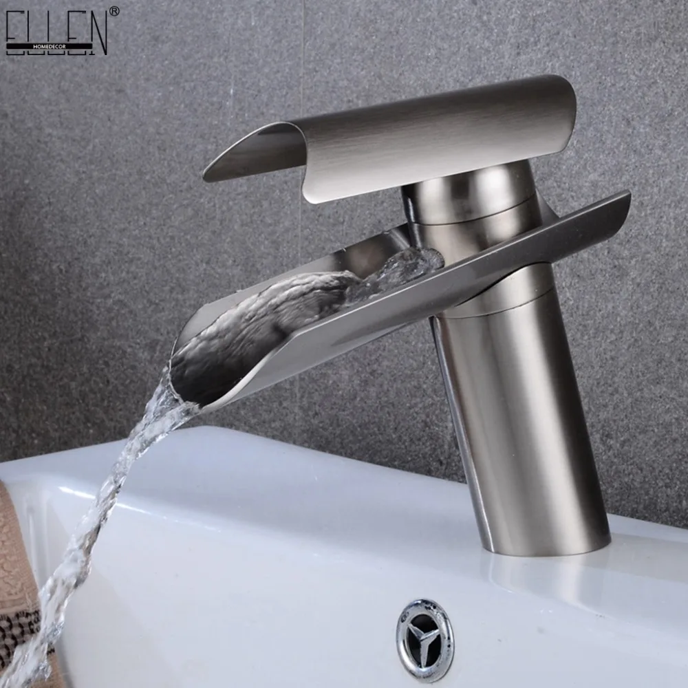 Bathroom Waterfall Basin Sink Faucet Brush Nickel Hot and Cold Water