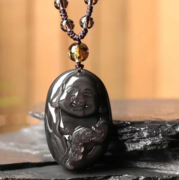

Chinese Natural Colours Obsidian Hand-Carved Blessing Maitreya Buddha Pendant