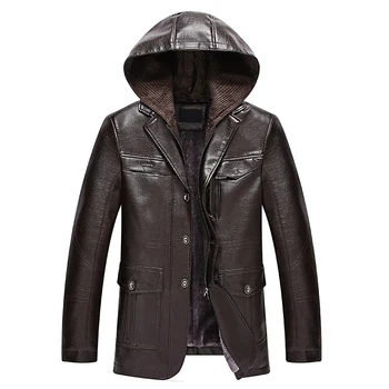 

2019 New Thicken Warm Men Winter Leather Jacket High Quality Hooded Leather Coat