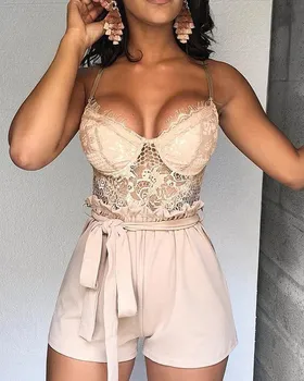 

2019 Holiday Off Shoulder Summer Romper Lace Patchwork Women Jumpsuit See Through Sexy Playsuit