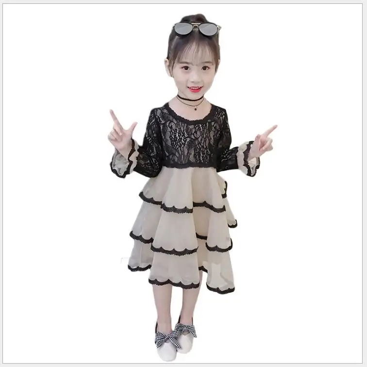 

2018 autumn girls long sleeve lace layered dress for birthday party elegant teens girl school dress flare sleeve tulle clothing