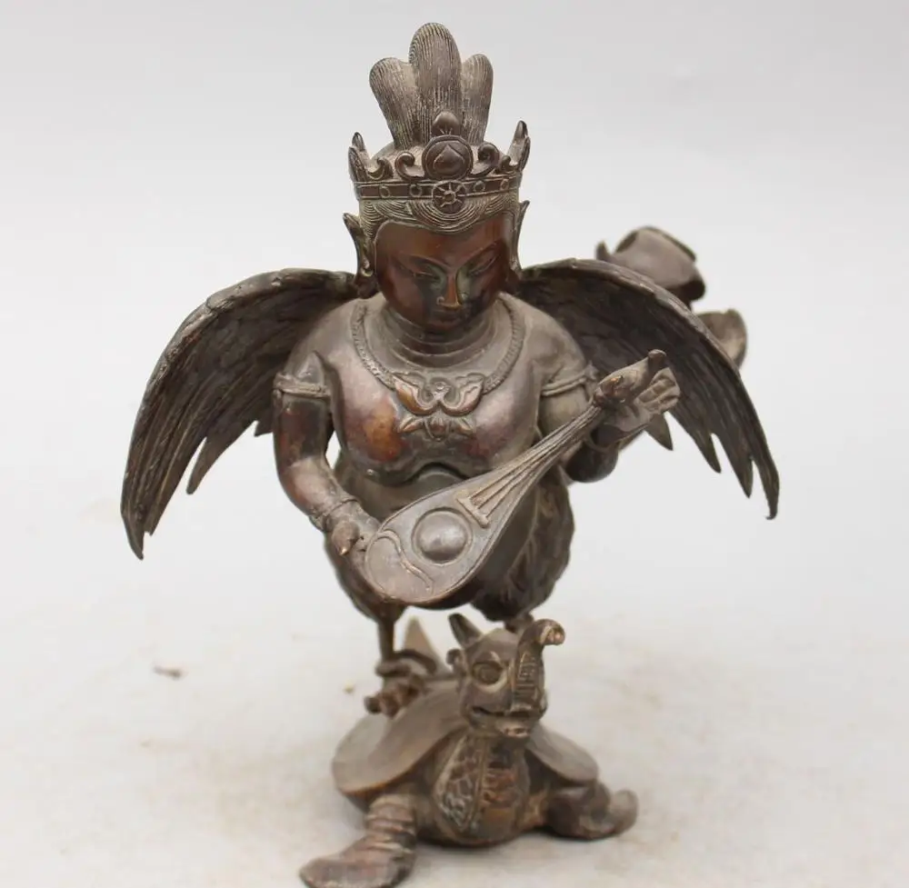 

9"Tibet Buddhism bronze lute Fairies Saraswati On Dragon Turtle Kwan-Yin statue