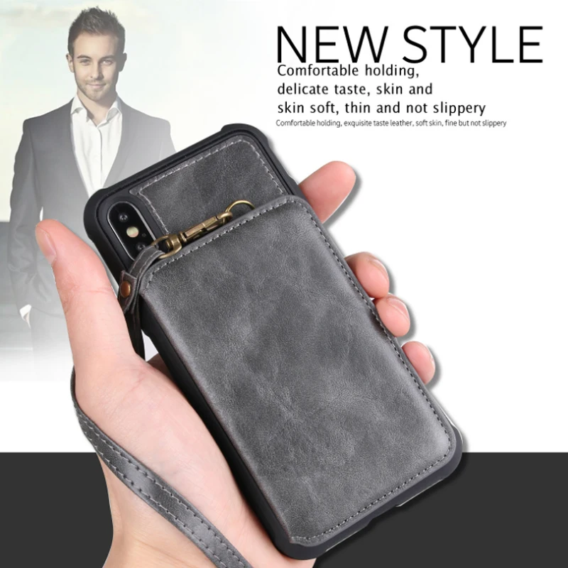 

Retro Leather phone Case Multi Card Holders Phone Case with lanyard for iphone 6 s 7 8 plus X S MAX R business original Cover