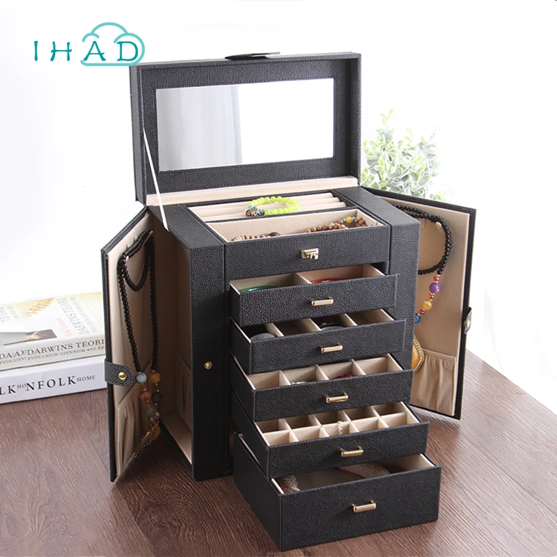 Large wood luxury jewelry storage box with 5 drawer ring holder