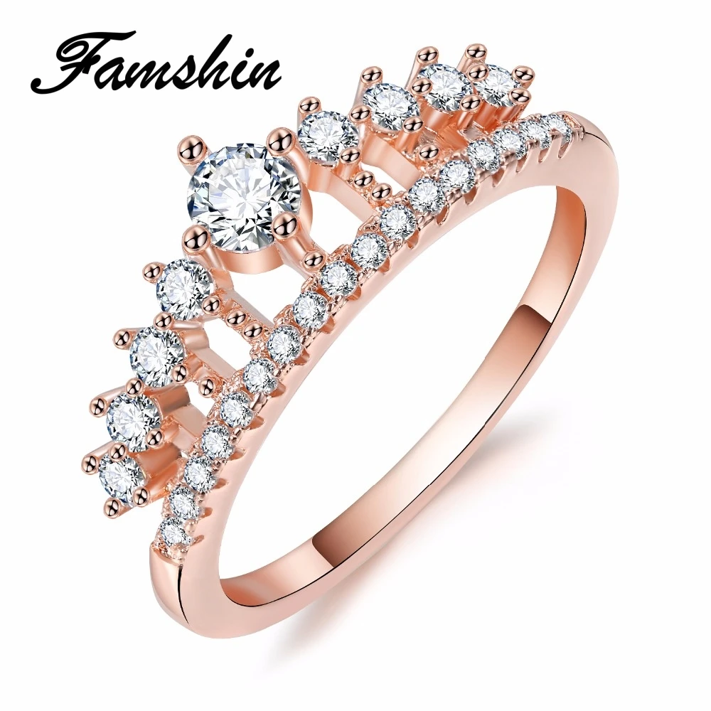

FAMSHIN Cubic Zirconia Crown Rings For Women Fashion Rose Gold Color Crystal Ring Female Party Wedding Engagement Bridal Jewelry