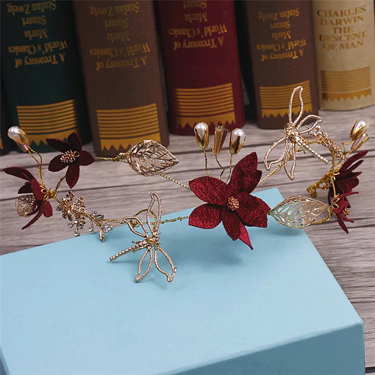 Золотой Стрекоза красный цветочный обруч Корона невесты головной убор синель hairband свадебные аксессуары для волос