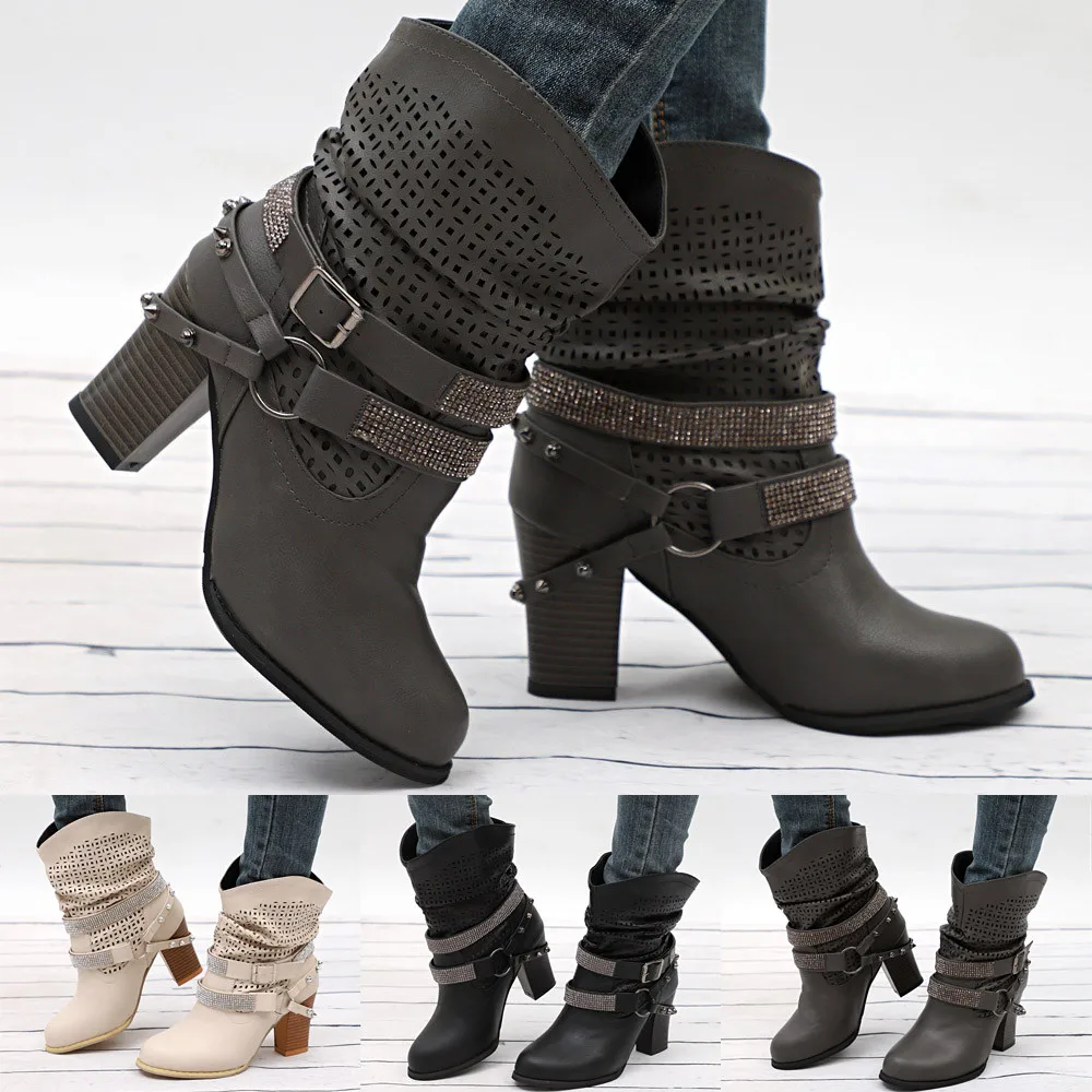 Boots Women Autumn Winter Hollow Out Ankle Boots Heel Half Martin Boots Shoes Classic Winter Warm Ladies PU Leather Boots Sep#