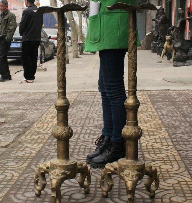 

38" Rare China Bronze Copper Dragon Lion Statue Candlestick Candle Holder Pair