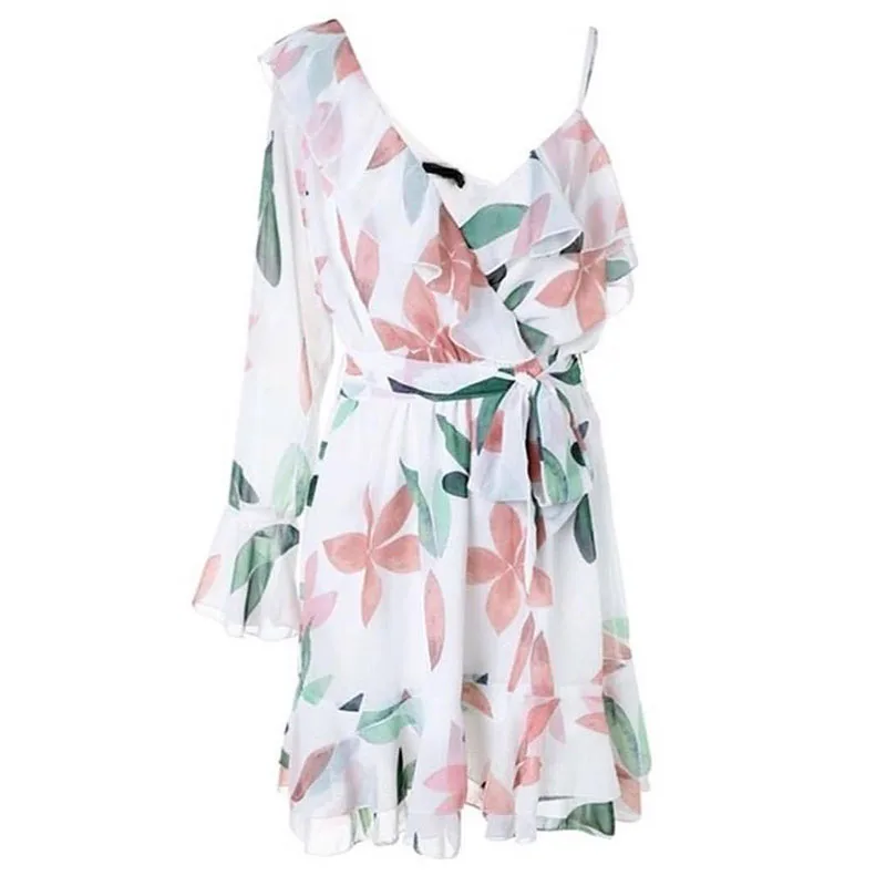 

Dresses women 2019 fashion holiday beach ruffled printed irregular chiffon belt mini dresses vestidos dropshipping LY7711