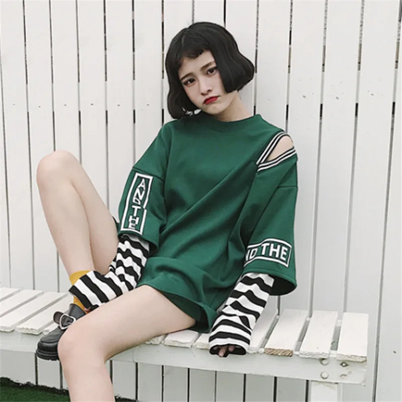Harajuku уличная женская футболка с открытыми плечами корейские Ulzzang полосатые