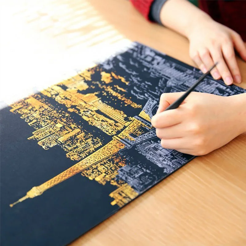 

4 pcs Children Scratch City Night View Scraping Painting A4 size Urban Night View Scratch Pictures Paper Painting Birthday Gift