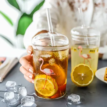 

350ml flamingo straw mug Continental transparent glass juice cup with lid cold drink cup straw cola mug European style