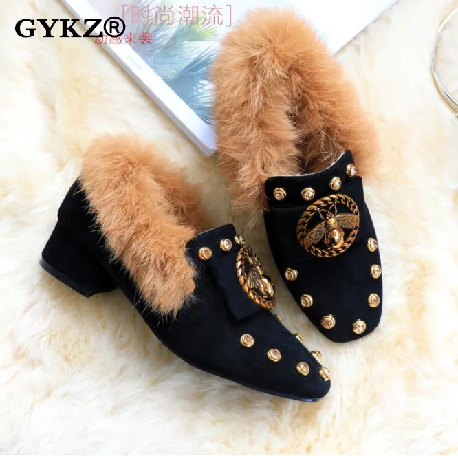 

2019 Autumn Winter Fashion Little Bee Metal Luxury Brand Shoes Women Slip on Shoes Women Sexy Heels Warm Fur Ankle Boots