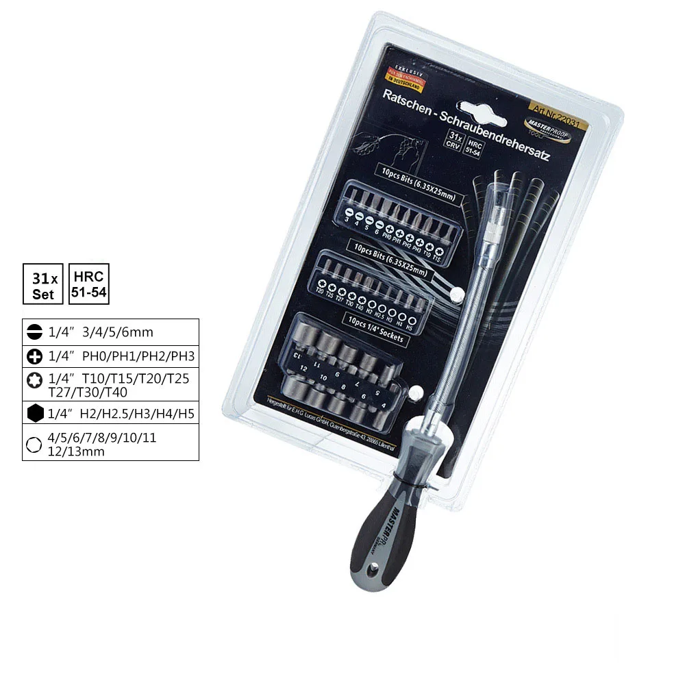 

The utility model relates to a 31 piece ratchet screwdriver, a set of combined tools, a multifunctional screwdriver and a ratche