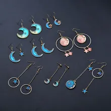 Terreau Kathy Новинка корейский стиль ювелирные изделия голубая звезда Луна длинные висячие серьги для женщин Асимметричные круглые серьги Планета Мода