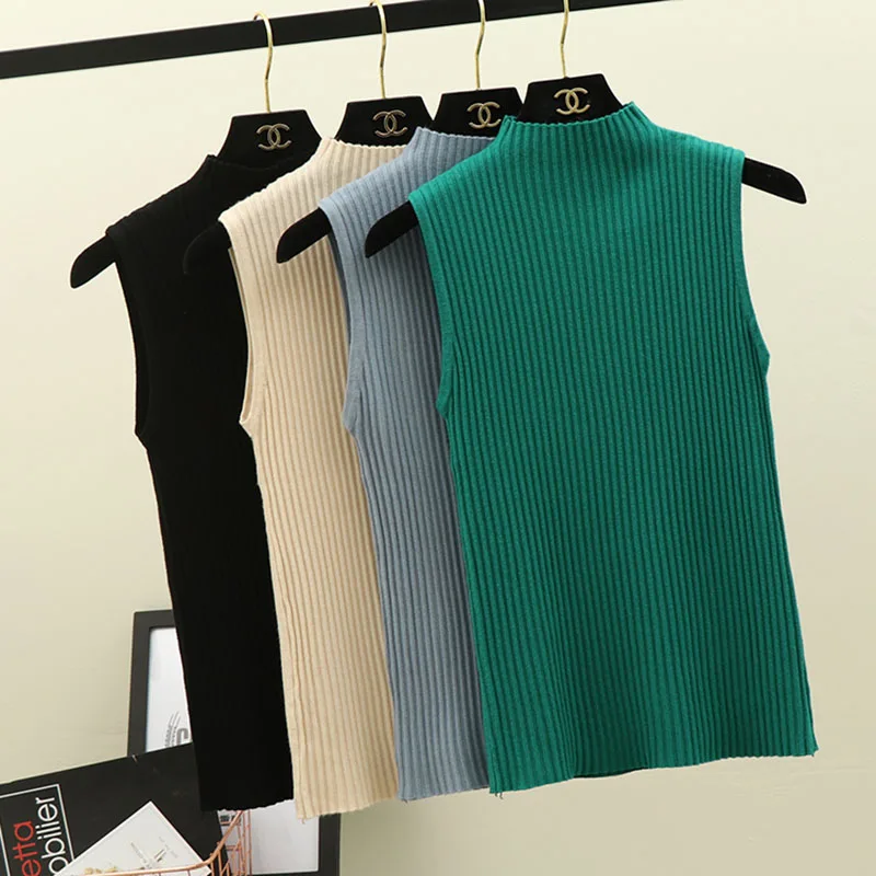

women Tees Autumn summer Simple Pullover Half-high-collar vest Sleeveless Knitted shirts Elastic basic t-shirt Tanks Tops Camis