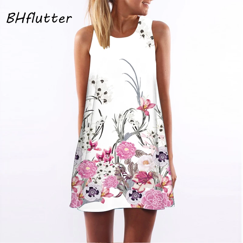 BHflutter فستان صيفي 2018 جديد نمط الطباعة الرقمية فستان كاجوال النساء أكمام قصيرة بوهو نمط البسيطة شاطئ اللباس Vestidos