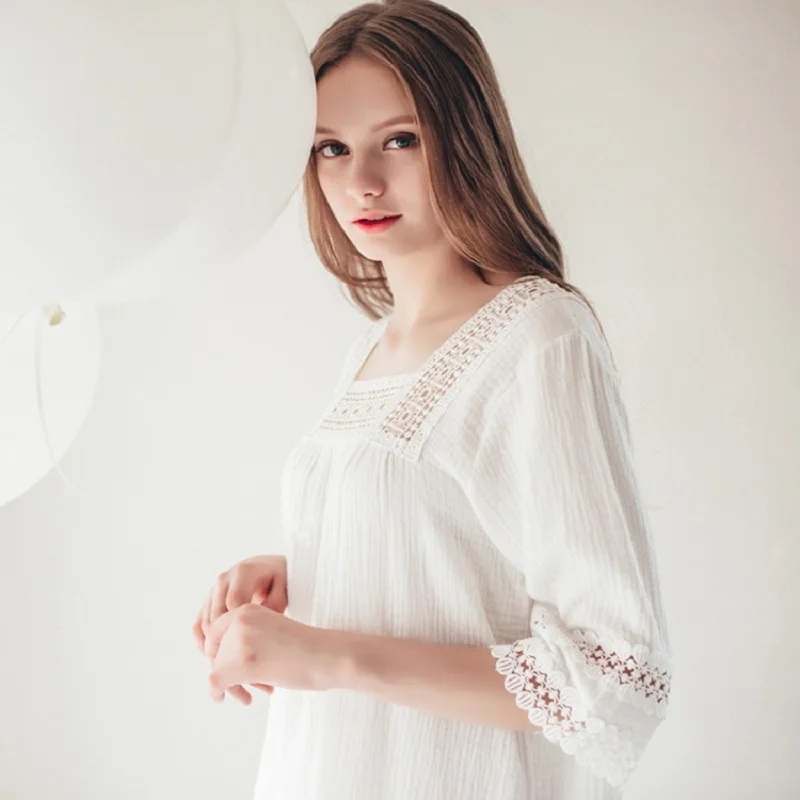 

2019 Soft Cotton White Elegant Female Nightgowns Half Sleeve Vintage Sweet Princess Nightgowns Loose Sleepwear Home Dress