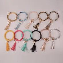 Moda nova moda multiful borla chaveiro esmalte couro do plutônio o chaveiro monograma círculo pulseiras chaveiro para meninas