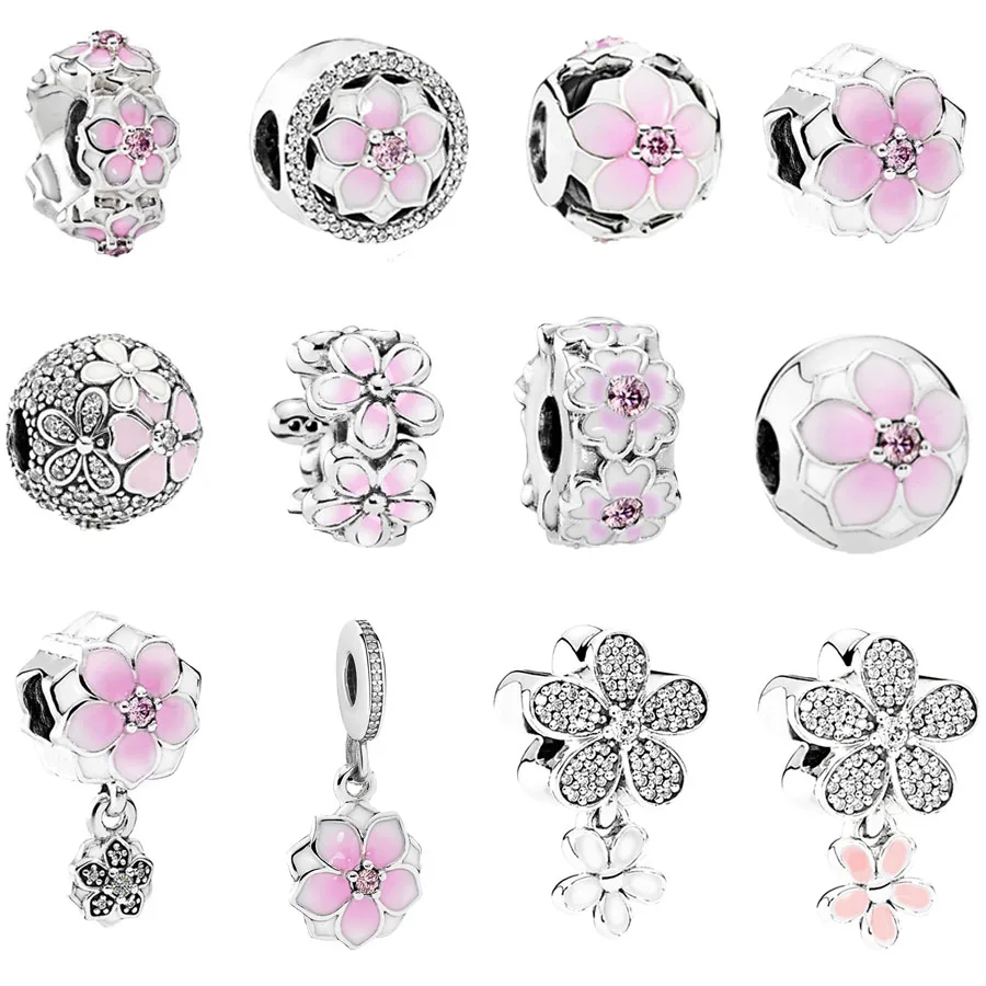 

free shipping 1pc spring light pink Magnolia flower clip or bead charms Fits European Pandora Charm Bracelets mix020