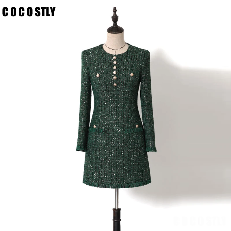 

Women Dress Green Round Neck Frayed Edge Button Detail Tweed Dress Fringe Weekend Casual Hem Women Modern Lady Office Dresses