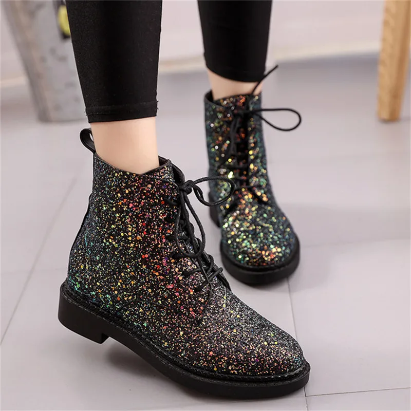 Meilleur COOTELILI Designers Marque Femmes Cheville Bottes Talons Chaussures Femmes Femme Automne Glitter Lace up Bottes Casual Bling Rose Noir Blanc