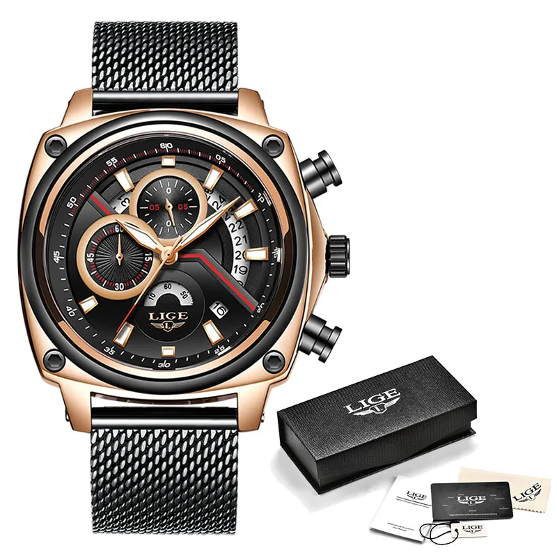 Relogio LIGE мужские часы Топ бренд класса люкс военные спортивные часы мужские водонепроницаемые часы кварцевые наручные часы Relogio Masculino - Цвет: Rose gold black