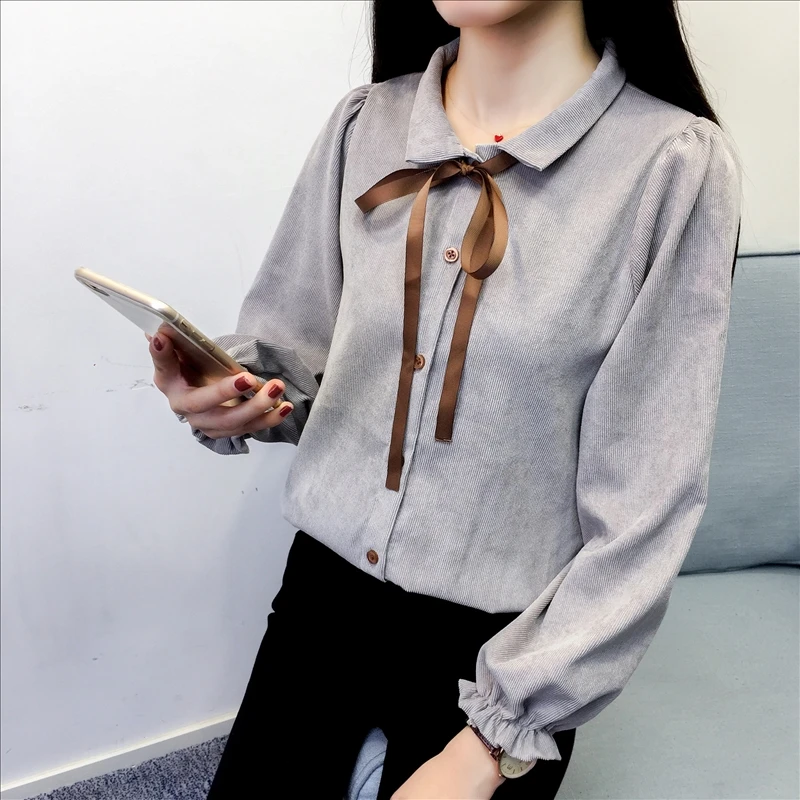 Autumn Long Sleeve Women Shirt Preppy Style Bow Woman Shirt Corduroy Plus Thick Solid Color Women Blouses Turn-Down Collar Top (20)