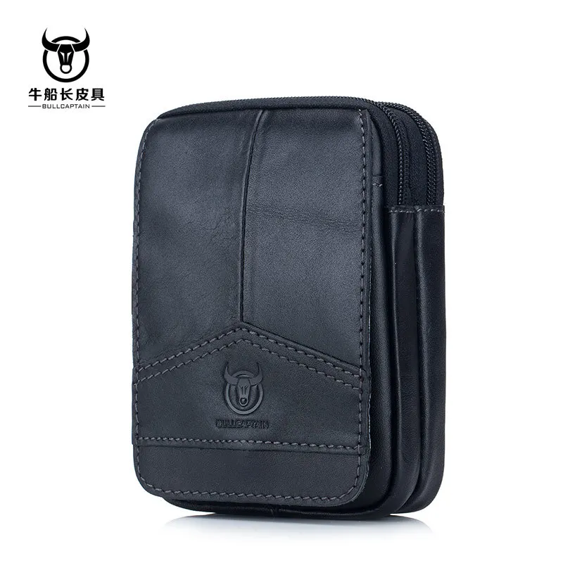 BULLCAPTAIN модная мужская сумка на пояс, натуральная кожа, Маленькая мужская сумка, пояс с петлями, набедренная сумка, двойная сумка для телефона - Цвет: Черный