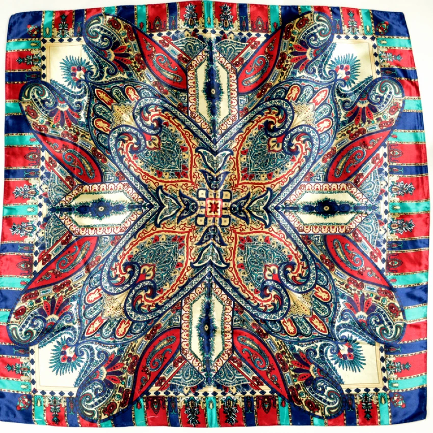 Женский сатиновый большой квадратный шелковый шарф в богемном стиле 90*90 см, красный, синий, разноцветный шарф, шарфы 90*90 см, женский шелковый шарф с принтом