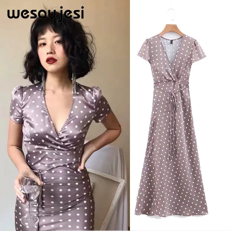 

2019 summer dress women vestidos England style a-line dot print mid calf V-neck vestidos de fiesta streetwear party dress