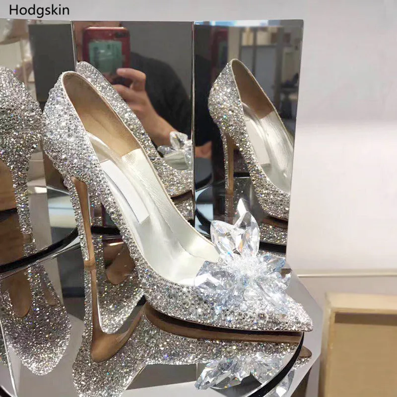 

Clear Crystal Flowers Pointed Toe Pumps Sapato Feminino Wedding Party Shoes Woman High Heels Blade Rhinestones Covered Luxury