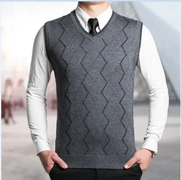 Высокое качество осень-зима; в повседневном стиле полосатый мужской v-образный вырез без рукавов кабель свитер жилет - Цвет: Middle Grey