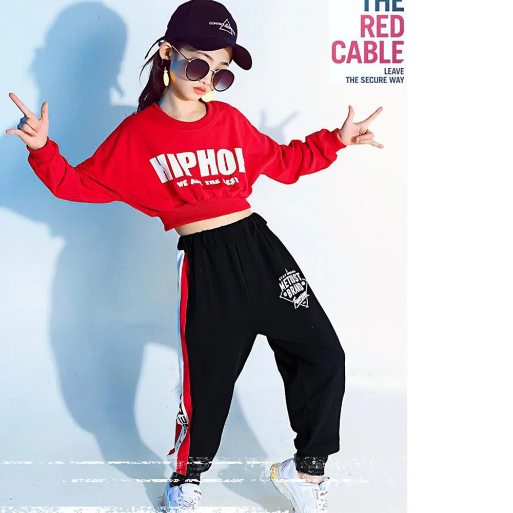 Детская одежда красного цвета с длинными рукавами в стиле хип-хоп костюм для джазовых танцев для девочек, Укороченный свитшот, рубашка Топ, одежда для бальных танцев, сценическая одежда