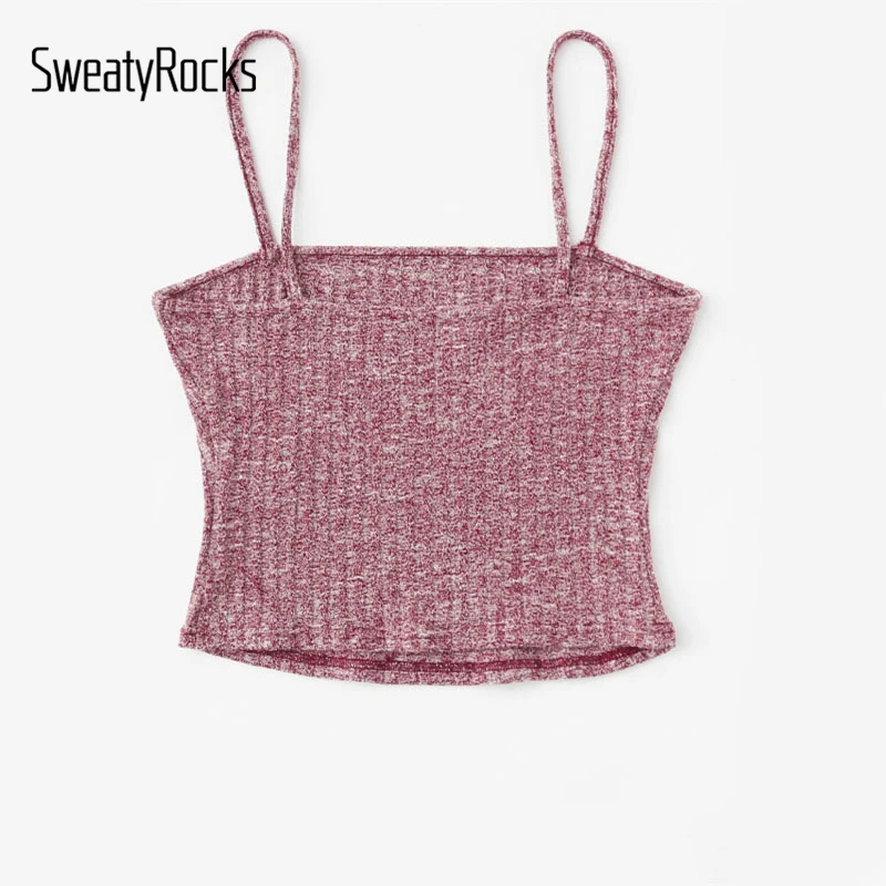 SweatyRocks Rib Knit Marled Cami Top бордовый Повседневный простой женский топ с бретельками Slim Fit Crop Camisole