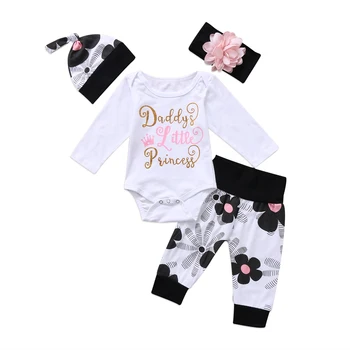 

4pcs Newborn Kids Baby Girl Clothes Floral Clothes Cotton Jumpsuit Letter Print Romper Pants Outfit 0-24m