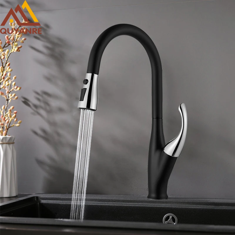 quyanre wanfan gappo black chrome kitchen faucet with pull out spray kitchen sink tap single handle mixer tap 360 rotation3
