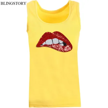

BLINGSTORY European Station Summer Tops Cotton Camisa Feminina Elastic Big Size Sequin Lip Tshirt S-6XL