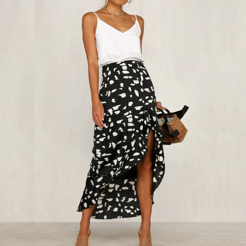 

Print Irregular Midi Skirts Women Summer Sexy Ruffle Skirt High Waist Beach Office Ladies Long Skirt Harajuku Plus Size Vintage