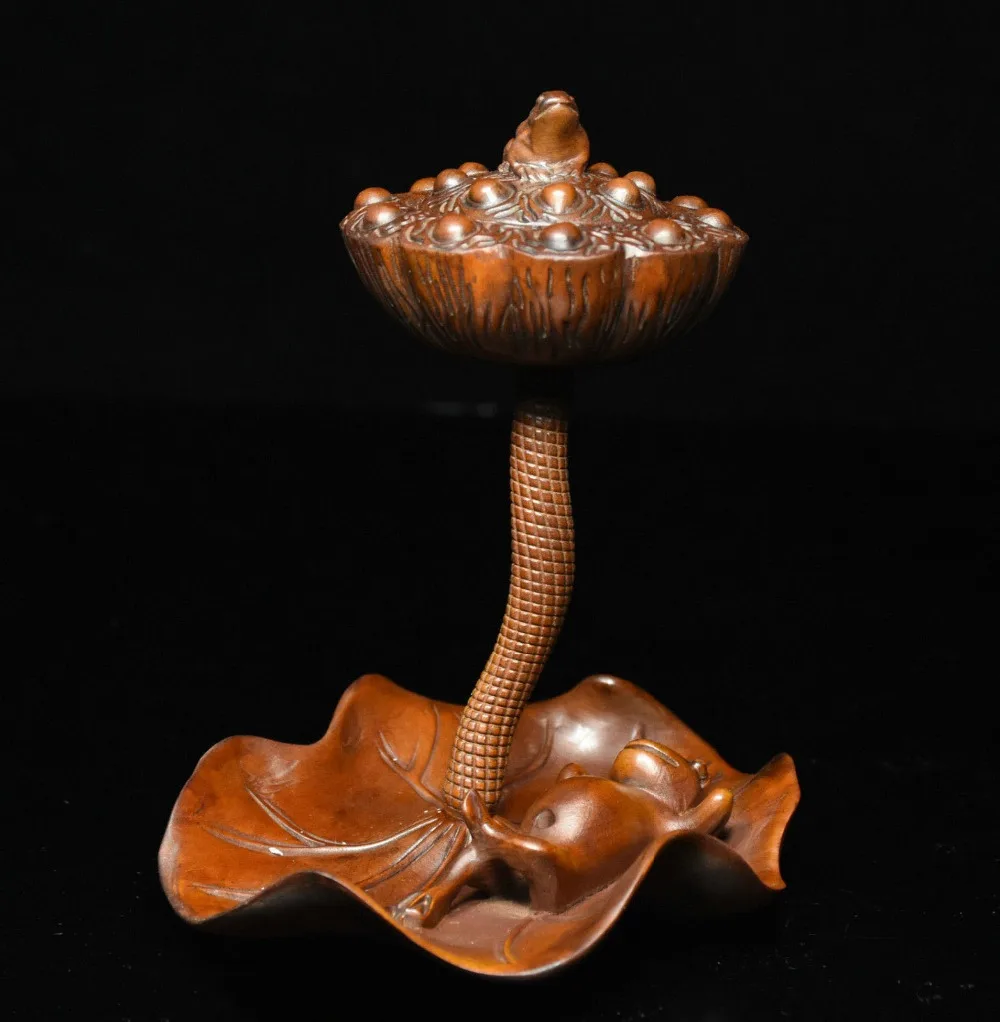 

wedding decoration China Folk Boxwood Wood Carving Lucky Lotus Frog Art Statue writing-brush washer Christmas