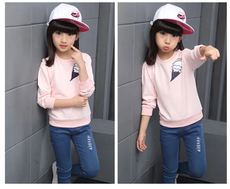 Hot Sale Girls Clothes Spring And Autumn T-shirt Floral Printed Cotton Fleece Children's Wear Long Sleeve For 3-15 Years Old