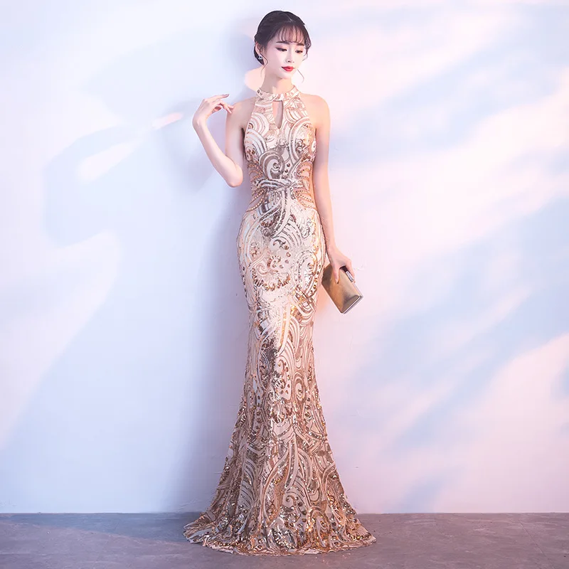 

Sexy Elegant Women Mermaid Dress 2019 New Noble Gold Halter Evening Party Dresses Gowns Floor Length Sequins Lady Vestidos