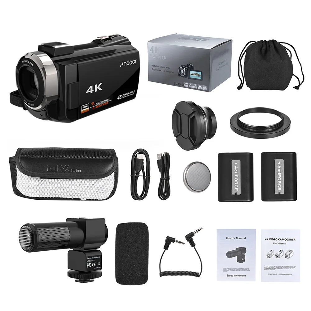 Andoer 4K 1080P 48MP WiFi цифровая видеокамера регистратор с 2 шт. аккумуляторами + 0.39X
