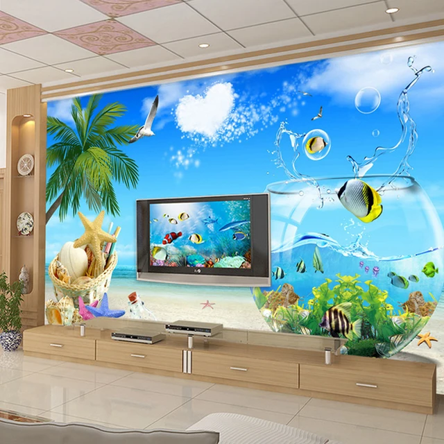 High Quality Large Custom Wall Painting 3D Creative Fish Tank Sea View Art Wallpaper For Bedroom High Quality Large Custom Wall Painting 3D Creative Fish Tank Sea View Art Wallpaper For Bedroom