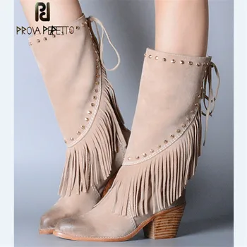 

Prova Perfetto Autumn Winter New Style Grace Real Leather Fringe High Heel Boots Warm Cow Suede Rivet Point Toe Women Mid Boots