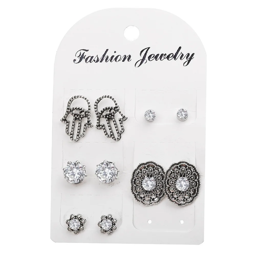 

Vintage Crystal Hamsa Hand Stud Earrings Set For Women Antique Silver Color Round Flower Party Earring Jewelry