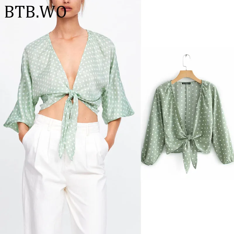 

Fashion Women Chiffon Tops Sexy Deep V Neck Long Sleeve Dot Print Top Blouse for Summer Beach Tee Shirt Tops