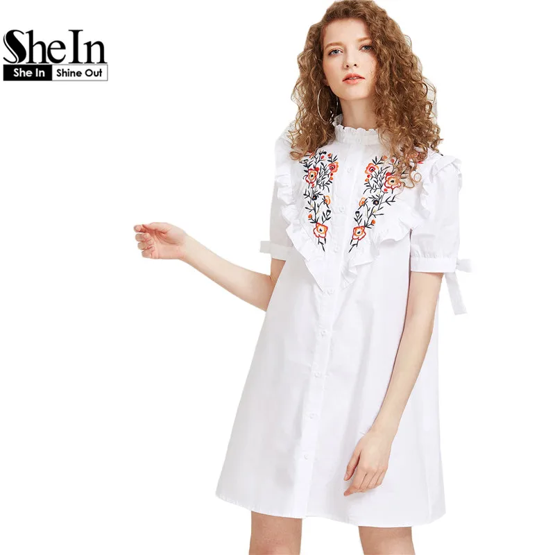 Buy Cheap SheIn Ladies Summer Dress 2017 White Short Sleeve Cute A-Line Dress Frill Yoke Tie Sleeve Embroidered Shirt Dress