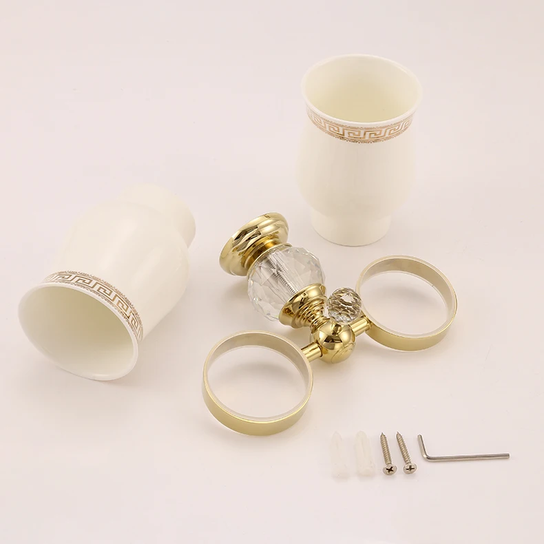 Cup & Tumbler Holders Crystal Brass Ceramic Cup Bathroom Accessories Chrome Double Tumbler Holders Toothbrush HK-32