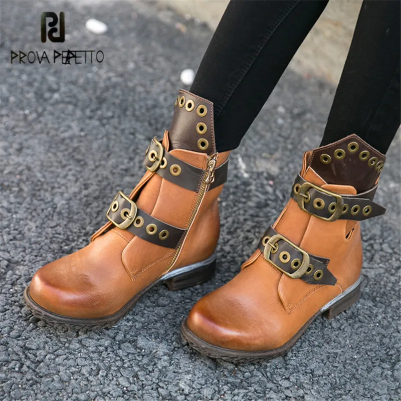 

Prova Perfetto Retro Women Ankle Boots Straps Short Booties Rivets Genuine Leather Platform Rubber Shoes Woman Riding Boots